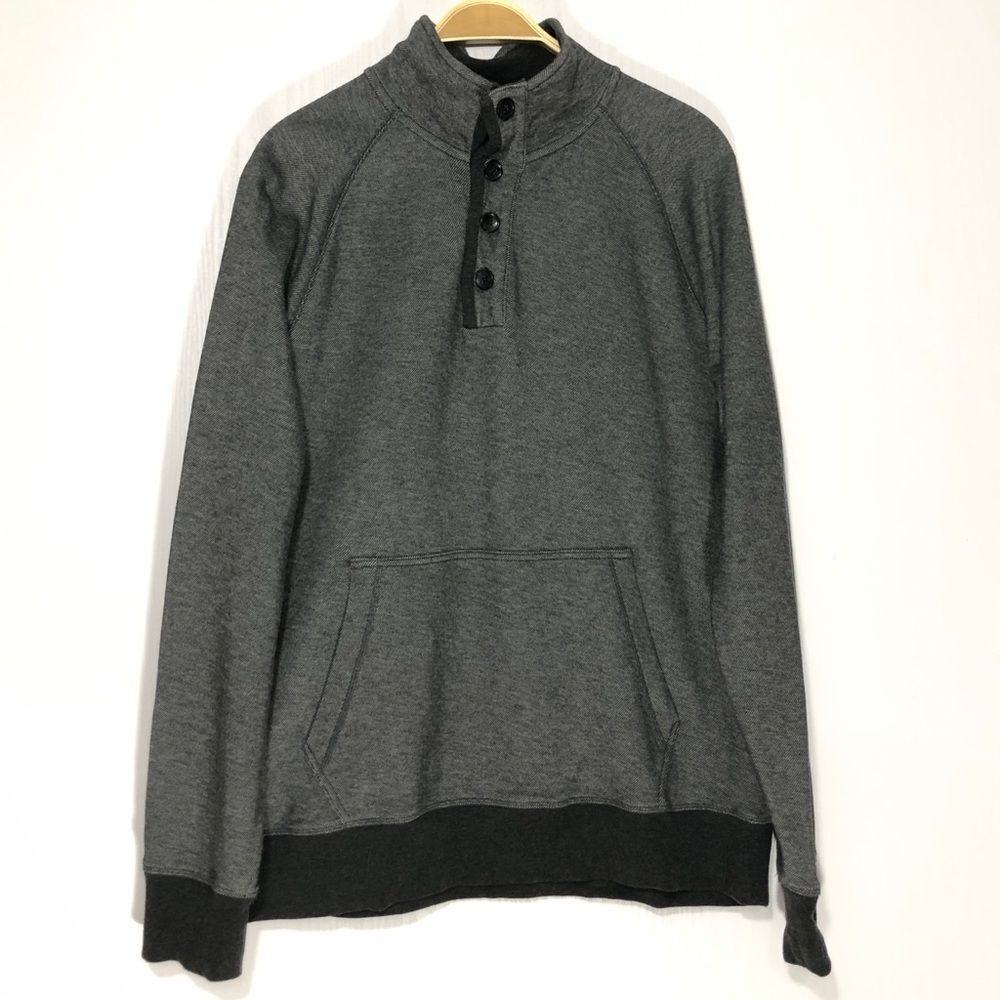 Banana Republic Pullover Sweater Mens Large Gray 1/4 Button Kangaroo Pocket Prep